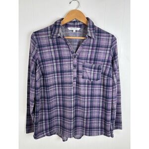 Emily Daniels Size Large Purple Plaid Pop Over Roll Tab Sleeve Flannel Shirt